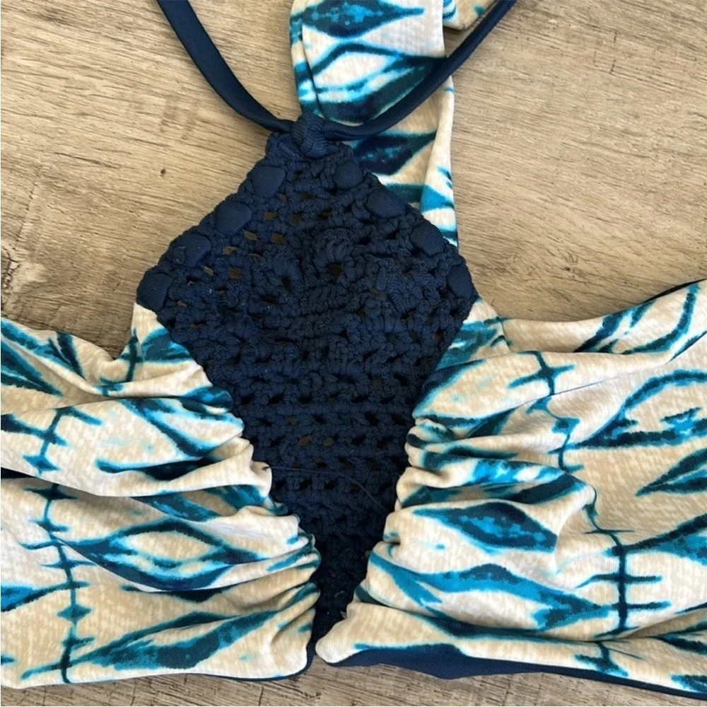 Frankie's Bikinis Navy and White Halter Bikini Top